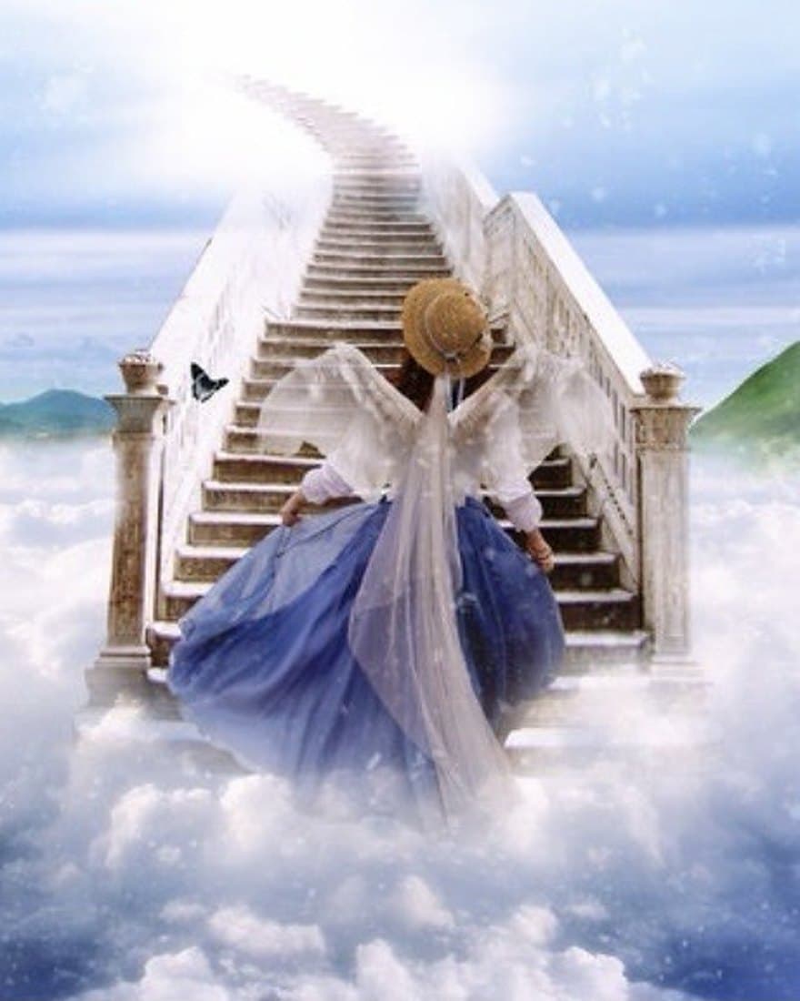 A winged figure in a flowing blue dress climbing a white staircase through the clouds toward a soft, heavenly light.